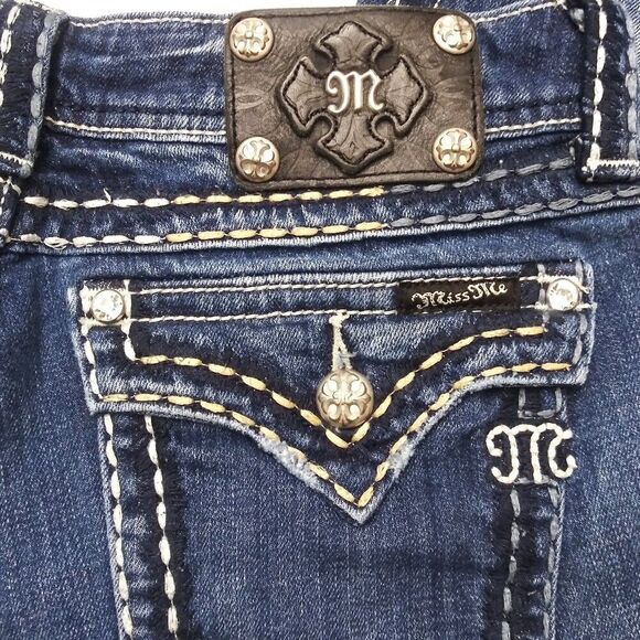 MISS ME Distressed Saddle Stitch Border Bootcut Jeans Flap Pockets JPS501416R - Picture 6 of 11